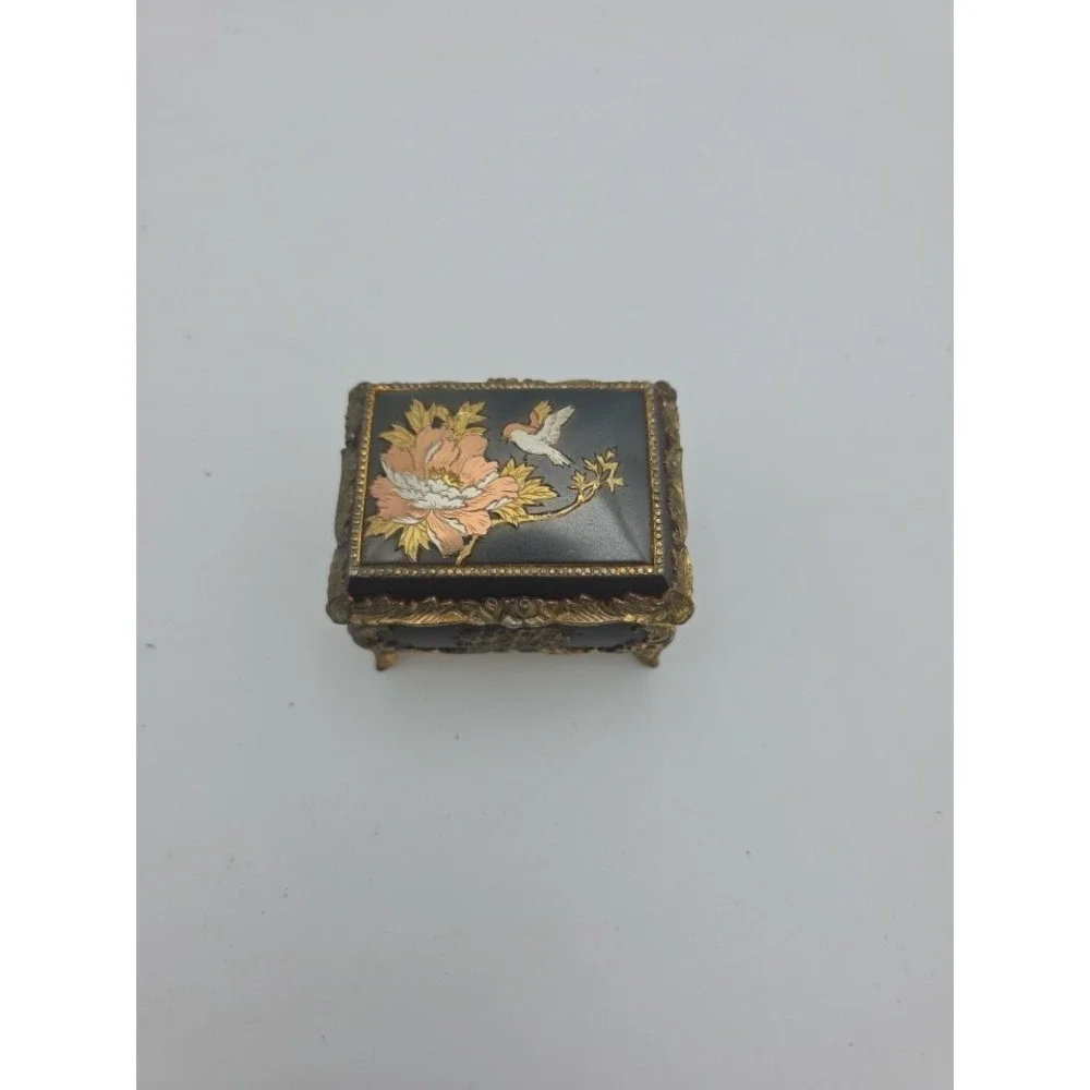 Vintage Japanese Art Trinket Box, Velvet-Lined, Bird and Flowers